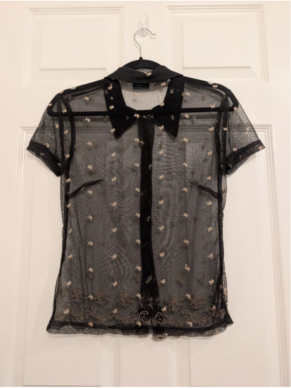 Y2K Black Sheer Mesh Floral Embroidered Button Down Top Whimsigoth Dark Coquette - Picture 5 of 7